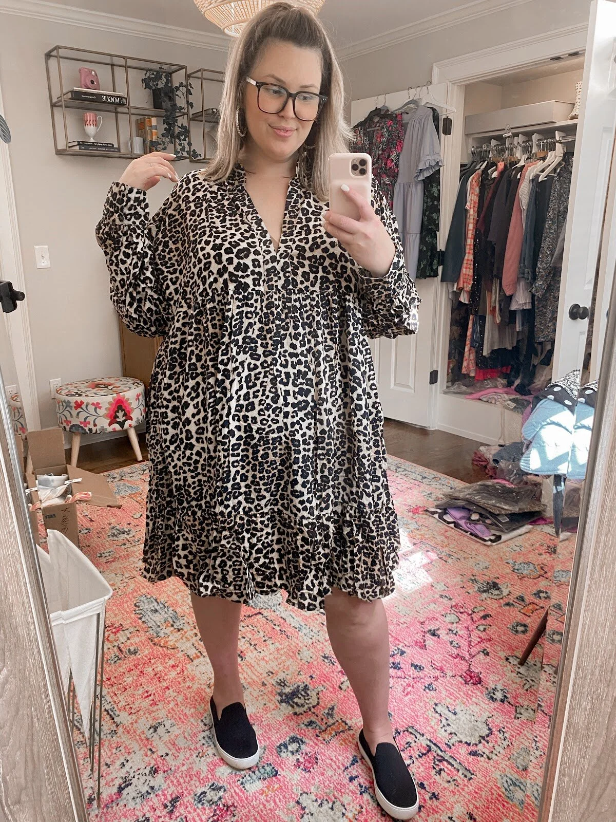 Leopard print dress with black top underneath top